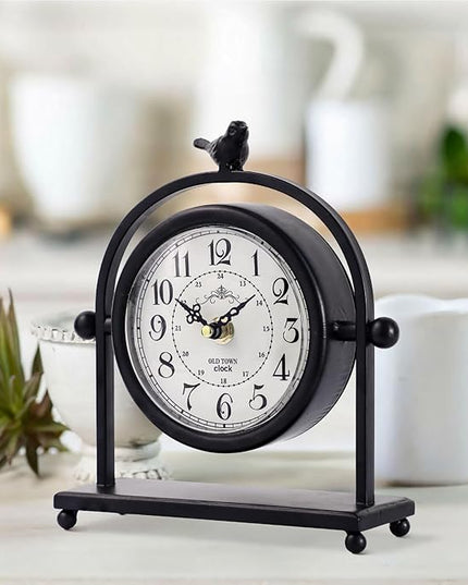 MODE HOME Silent Battery Operated Black Metal Analog Desk Clock with Bird, Small Table Clock for Farmhouse Decor, Mantel Shelf, Home and Living Room