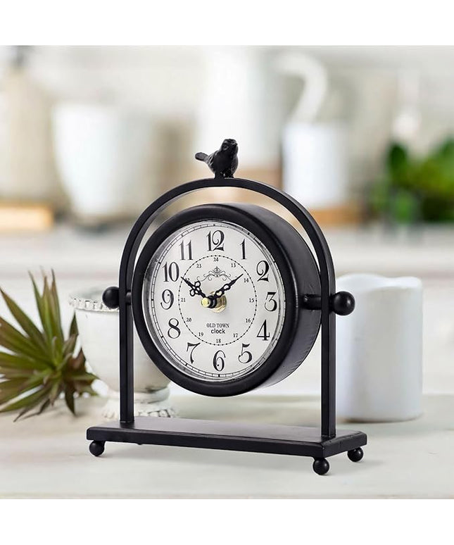 MODE HOME Silent Battery Operated Black Metal Analog Desk Clock with Bird, Small Table Clock for Farmhouse Decor, Mantel Shelf, Home and Living Room