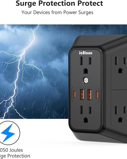 Surge Protector Outlet Extender, 6 Outlet Extender with 4 USB Charging Ports (2 USB C), 3 Sided Multi Plug Wall Adapter for Home, Office, Travel-2 Pack,Black