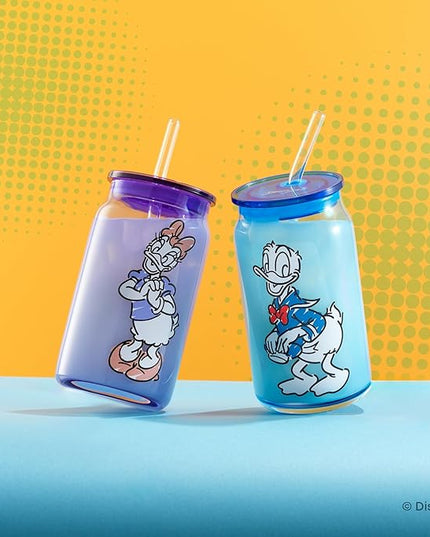 JoyJolt Disney Mickey Mouse and Friends Color Sketch Glass Tumblers with Lids and Straws, 16oz Glass Cups with Lids and Straws, Can Shaped Drinking Glasses Set of 4, Disney Gifts for Adults