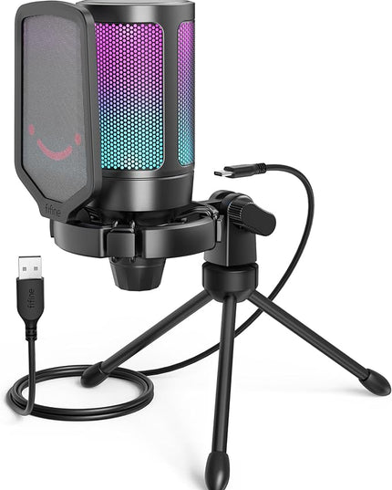 FIFINE Gaming USB Microphone for PC PS5, Condenser Mic with Quick Mute, RGB Indicator, Tripod Stand, Pop Filter, Shock Mount, Gain Control for Streaming Discord Twitch Podcasts Videos- AmpliGame