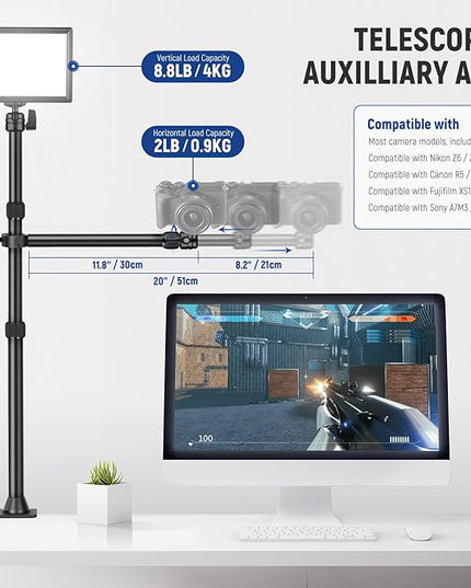 NEEWER Desk Stand with 2 Telescopic Boom Arms Phone Holder for Mic Camera Webcam Ring Light, Desktop Overhead Microphone Mount with C Clamp, Ball Heads, Screw Adapter, Cleaning Cloth, TL253A+DS001