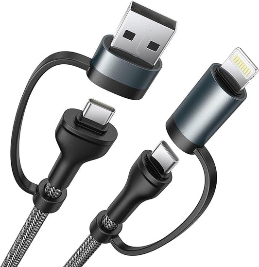 XUDUO 4-in-1 USB C Cable Lightning Cable 60W [Fast Charging & Data Sync] 6FT Multi IP-ad Charger Cable Charging Cord Lightning/Type C/USB A Ports for iPhone 16/15/15 Pro/15 Plus/15 14 Pro Max