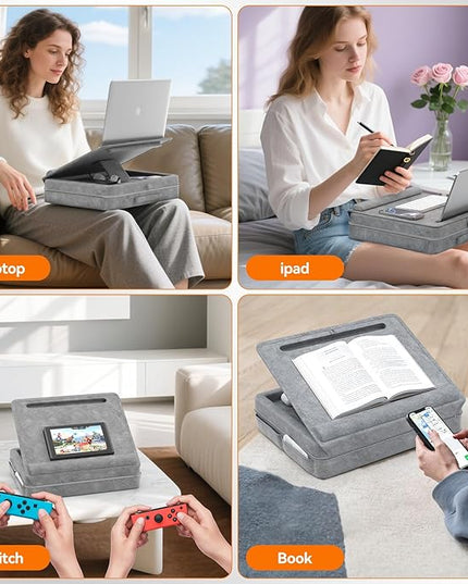 KDD Laptop Lap Desk with Cushion, Laptop Table with Storage for Bed & Sofa, Adjustable Lap Pillow Stand with Anti-Slip Strip & Cell Phone/Tablet Slot for Home Office College