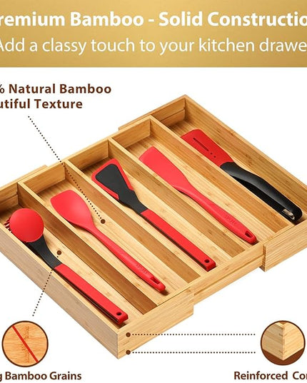 Umilife Expandable Kitchen Drawer Organizer, 2.5" High Bamboo Utensils Silverware Tray, Adjustable Large Deep Wood Organization Holder