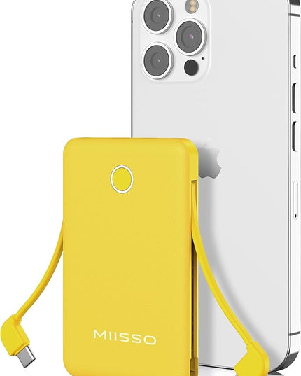 miisso 6000mah Ultra Slim Built in Cables Power Bank, Card Size Built in USB C Cords Battery Pack Portable Charger for Phones, 3 Output External Battery Pack Compatible with iPhone, Yellow