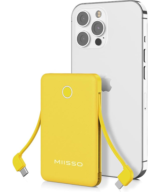 miisso 6000mah Ultra Slim Built in Cables Power Bank, Card Size Built in USB C Cords Battery Pack Portable Charger for Phones, 3 Output External Battery Pack Compatible with iPhone, Yellow
