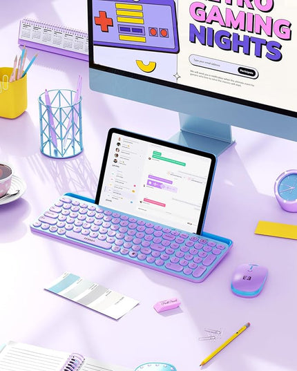 seenda Bluetooth Keyboard and Mouse for iPad, CTU-301 Wireless Multi-Device Connection Bluetooth+2.4G Keyboard Mouse Combo with Tablet Holder for iPad/Macbook/Windows, iOS/Andriod/Phone, Blue & Purple