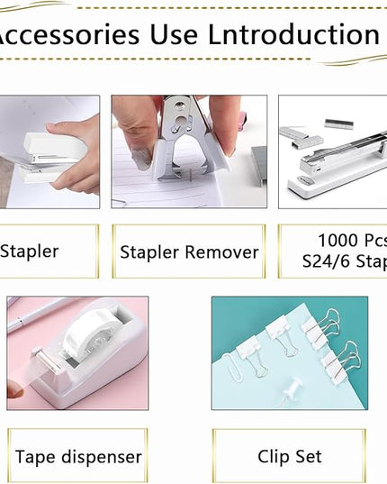 Office Supplies,Desk Accessories, Stapler and Tape Dispenser Set for Women with Stapler, Tape Dispenser, Staple Remover, Staples, Clips, Scissor and Tabs,Gift for Students, Coworkers
