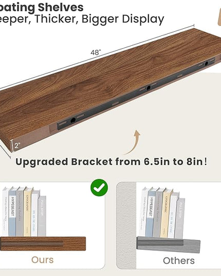 Heimlove 12 Inch Deep Floating Shelves, 48 x 12 inches Long Wall Shelf, Large Display Shelf & Storage Shelf, Rustic Wood Wall Shelves for Fireplace Mantel, Set of 2(Walnut)