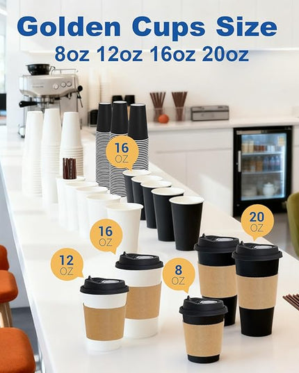 Coolcap 12 oz 500 Pack Coffee Cups with Lids and Sleeves, Straws, Hot Disposable To Go Travel Paper Cups Bulk for Office, Home Coffee Bar Accessories, Chocolate, Cocoa, Beverage (Black)