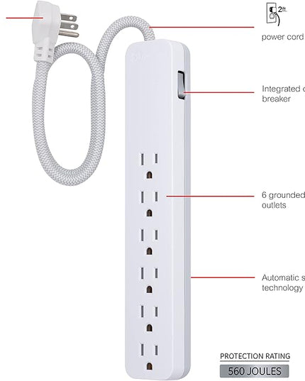 GE UltraPro 6 Outlet Surge Protector, 2 Ft Designer Braided Extension Cord, Flat Plug, Wall Mount, White, 45264