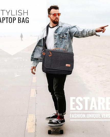 ESTARER Laptop Messenger Bag 17-17.3 Inch Water-resistant Canvas Shoulder Bag for Work College, Grey