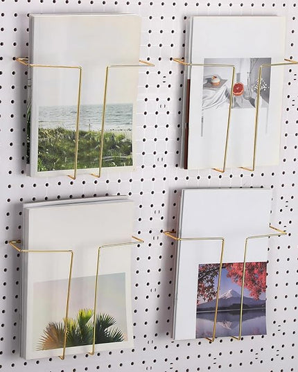 4 Pair Pegboard Display Shelves Expandable Width Metal Magazine Holder Hanging Wall File Organizer Pegboard Accessories Wall Decor for Pantry Exhibitions Trade Show Retail Store(Gold)