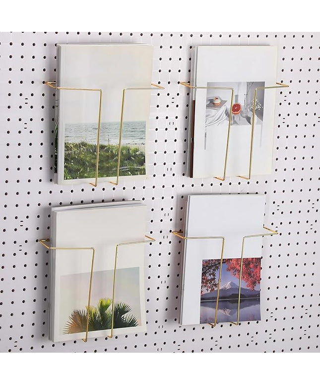4 Pair Pegboard Display Shelves Expandable Width Metal Magazine Holder Hanging Wall File Organizer Pegboard Accessories Wall Decor for Pantry Exhibitions Trade Show Retail Store(Gold)