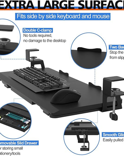 Large Keyboard Tray Under Desk Slide Out with Sturdy C-Clamp Mount and Storage Drawer, 27" (31" Including Clamps) x 12" Ergonomic Keyboard Trays for Home and Office, Black