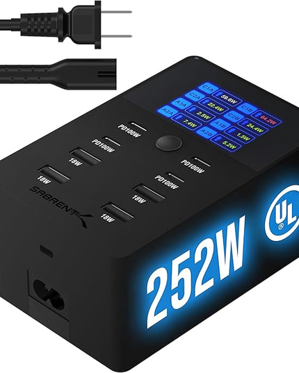 SABRENT Charger, 252W 8-Port Desktop Charging Station w/Real-Time LCD Display, UL Certified | USB C/A, Compatible with MacBook, iPhone, Samsung Galaxy, and Tablets