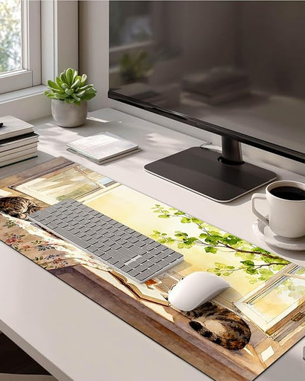 Cat XL Mouse Pad 31.5 x 11.8 Inch Gaming Mousepad Diatomite Large Keyboard Mouse Pad for Home and Office Desk Accessories with Peaceful Sunlit Window Cats Illustration