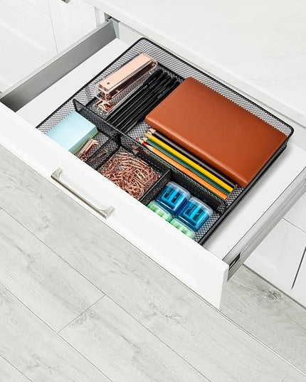 Desk Drawer Organizer Tray, Metal Mesh Drawer Organizers Office, 4 Grid with Adjustable Compartment, Desk Organizer Tray for Home Office 12x10.6x1.9 inch Black, 2 Pack