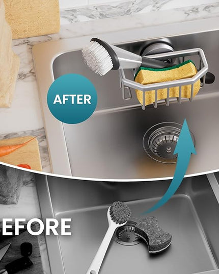 TAILI Sponge Holder for Kitchen Sink with Strong Suction Cup, Rustproof Aluminum Sink Caddy for Sponges, Brushes, Stoppers & Scrapers, Silver
