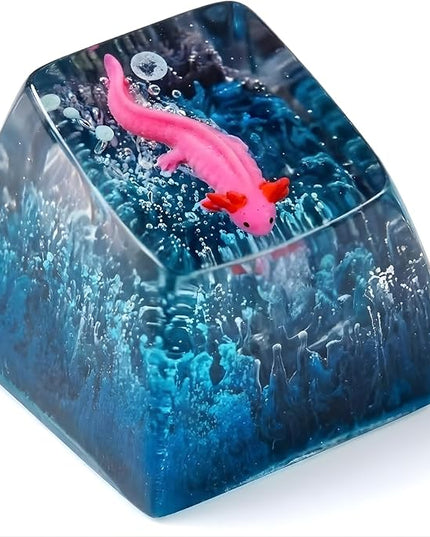 Pink Axolotl in Deep Blue Black Cute Artisan Keycap R1 SA Profile Custom Animal Keycaps 1U ESC Handmade Gaming Resin Key cap Cherry MX Switch Compatible Mechanical Keyboard Gift for Axolotl Lover
