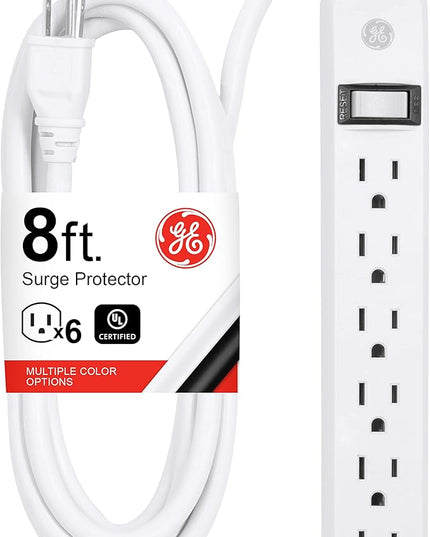 GE 6-Outlet Power Strip, 8 Ft Extension Cord, Heavy Duty Plug, Grounded, Integrated Circuit Breaker, 3-Prong, Wall Mount, ETL Listed, White, 67122