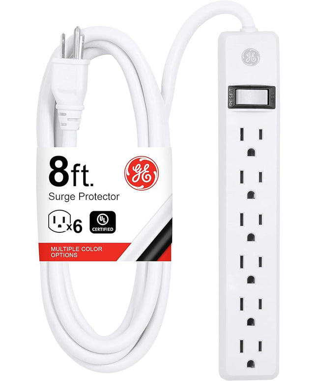 GE 6-Outlet Power Strip, 8 Ft Extension Cord, Heavy Duty Plug, Grounded, Integrated Circuit Breaker, 3-Prong, Wall Mount, ETL Listed, White, 67122