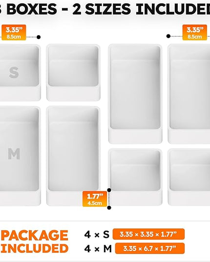 eazttouz 8 Pack Stackable Drawer Organizer Trays, Plastic Shallow Storage Bins for Bathroom Vanity, Desk Drawer, Kitchen, Makeup Organization, White (4M+4S)