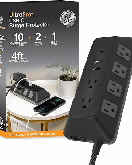 GE UltraPro 10 Grounded Outlet Surge Protector with USB Ports, 1 USB-C Port (15W), 2 USB-A Ports (12W), 4ft Braided Cord Surge Protector Power Strip, 3540 Joules, Black, 74763