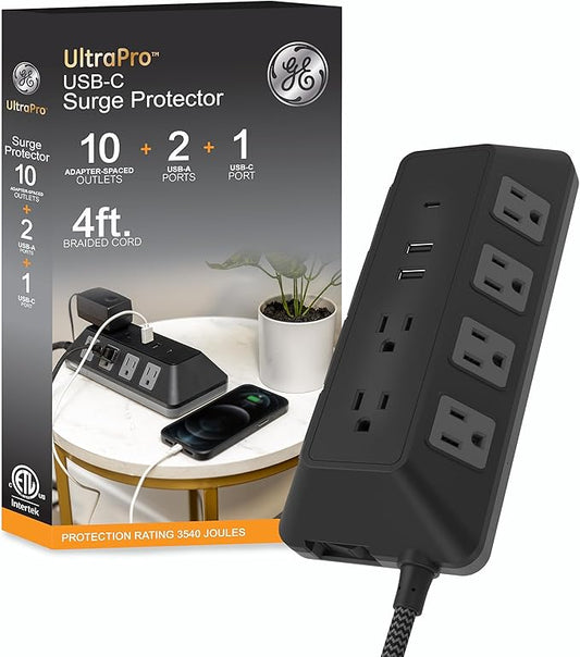 GE UltraPro 10 Grounded Outlet Surge Protector with USB Ports, 1 USB-C Port (15W), 2 USB-A Ports (12W), 4ft Braided Cord Surge Protector Power Strip, 3540 Joules, Black, 74763
