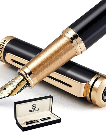 HDDNB Black Luxury Fountain Pen Set for Men and Women with Gift Box, 24K Gold Finish and Gilded Nib(Extra Fine) with 5 Black Ink Cartridges and Converter
