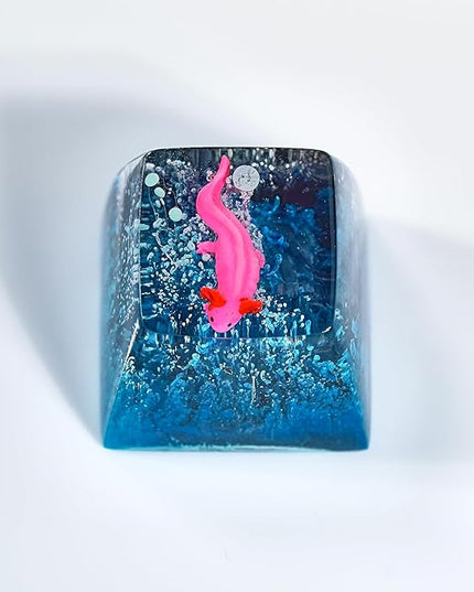Pink Axolotl in Deep Blue Black Cute Artisan Keycap R1 SA Profile Custom Animal Keycaps 1U ESC Handmade Gaming Resin Key cap Cherry MX Switch Compatible Mechanical Keyboard Gift for Axolotl Lover