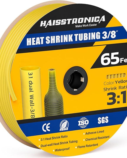 haisstronica 3:1 Heat Shrink Tubing, Shrink Ratio Adhesive Lined Marine Grade Heat Shrink Tube for Home, Automotive and Industrial (Yellow) 65FT 3/8inch