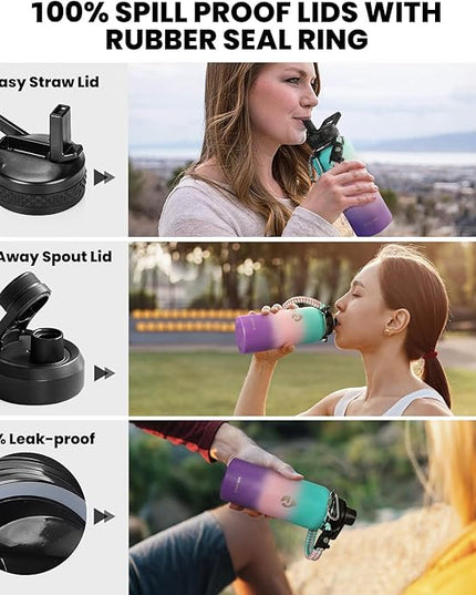 Insulated Water Bottle 32 oz, Triple Wall Vacuum Stainless Steel (Cold for 48 Hrs), Leak Proof & Non-BPA, Modern Water Flask Jug with Paracord Handle & Straw Spout Lids, Hydrangea