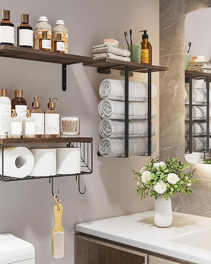 Fixwal Bathroom Floating Shelves Over Toilet Wall Shelves Set with Towel Storage Rack for Bathroom Organization & Wall Decor(Brown)