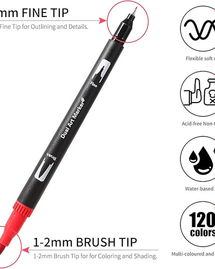 Dual Tip Markers, Brush Art Markers Set with Fine Tip and Brush Tip for Adult Coloring Book, Hand Lettering, Calligraphy & Drawing, Professional Art Supplies Kit for Adults (120 Colors)
