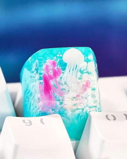 Jellyfish Artisan Keycap Light Blue Coral Ocean R1 SA Profile Custom Sea Creature Keycaps 1U ESC Handmade Gaming Sea Resin Key Cap Cherry MX Switch Compatible Mechanical Keyboard Jellyfish Lover Gift