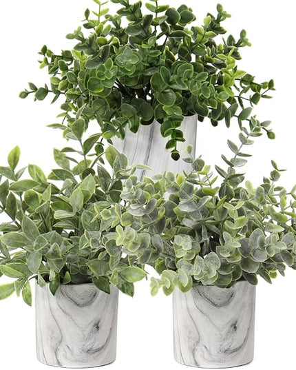 Hollyone Mini Artificial Potted Plants Fake Plants in Marble Pots, 3Pcs Plastic Eucalyptus Greenery Faux Plants for Home Office Desk Room Centerpiece Shelf Décor