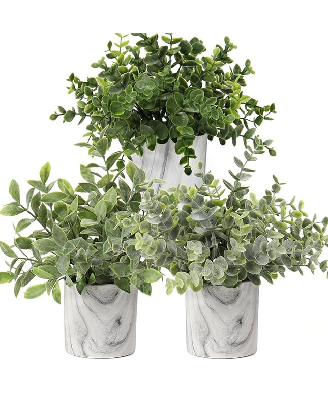 Hollyone Mini Artificial Potted Plants Fake Plants in Marble Pots, 3Pcs Plastic Eucalyptus Greenery Faux Plants for Home Office Desk Room Centerpiece Shelf Décor