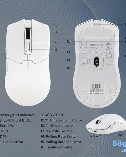 EPOMAKER Click Gaming Mouse Wireless 2.4Ghz/BT/Type-C, 800 to 42,000 DPI Adjustable, 8K Polling Rate, 500mAh, Lightweight Optical Mouse, for PC/Mac/Linux (White)