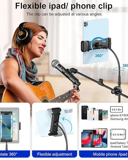 Mic Stand,6 In 1 Microphone Stand Floor Boom Mic Stand, Support Boom Gooseneck Mic Clips Tablet Phone Holder Any Combination With Mic Stand Bag
