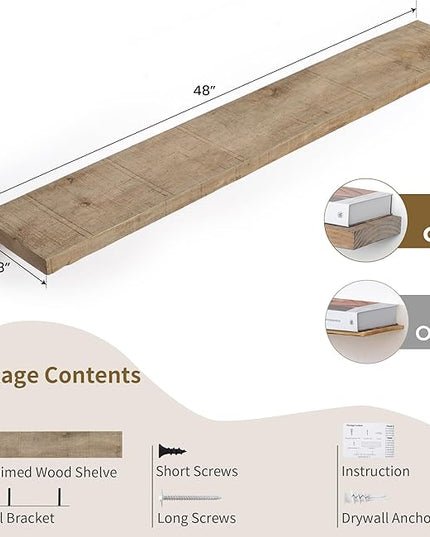 Floating Shelves - 8" Deep Rustic Reclaimed Barnwood Wall Hanging Shelves with Invisible Heavy-Duty Metal Bracket - Wall Mounted - Farmhouse Style - 48 inches, Distressed Natural