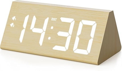 fomobest Wooden Digital Alarm Clock with Dual USB Charging Ports, DST, Dimmable, Snooze, Modern Large Time Display LED Clock for Kids Bedrooms, Living Room, Desk, Table, Bedside, Nightstand (Bamboo)