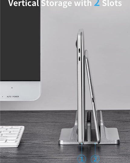 JARLINK Vertical Laptop Stand Holder, Aluminum Double Desktop Stand Holder with Adjustable Dock (Up to 17.3 inch), Compatible with MacBook, Surface, Chromebook, and Gaming Laptops, Grey