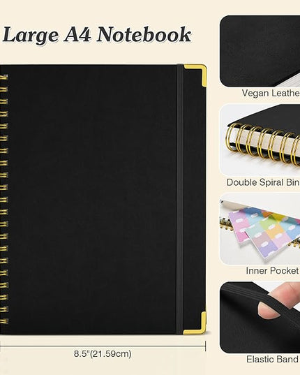 Bullet Dotted Journal Spiral Notebook, 300 Pages Leather Notebooks with Contens, 120 GSM Thick No Bleed Through Paper Journals, A4 Large Dot Grid Notebook for Women Men Work Writing, 8.5" x 11", Black