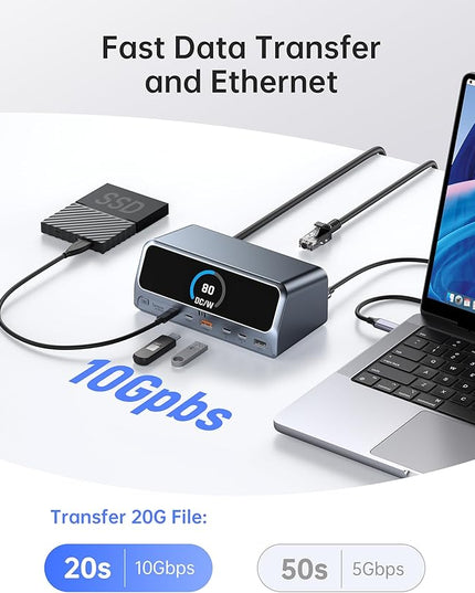 Selore 13-in-1 Laptop Docking Station with 2.26" LCD Display, 160W Max Output, Dual 4K HDMI, 10Gbps USB A/C Ports, Gigabit Ethernet, 100W PD for MacBook, Dell, HP, Lenovo and More