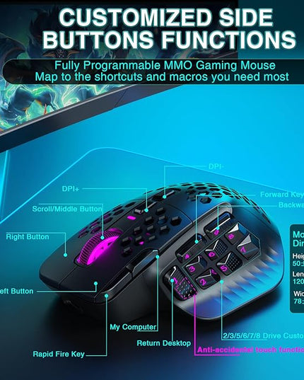 SOLAKAKA SM809 Pro Gaming Mouse with 9 Side Buttons,24000 DPI RGB Mouse for Gamer,16 Programmable Macros MMO Mouse,Black