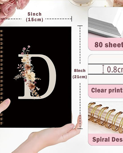 Lacama Black Initial Letter D School Notebook Journal, Aesthetic Wildflower Personalized Spiral Notebook, School Supplies, Customized Monogrammed Gifts, Birthday Gifts for Women, Office Supplies