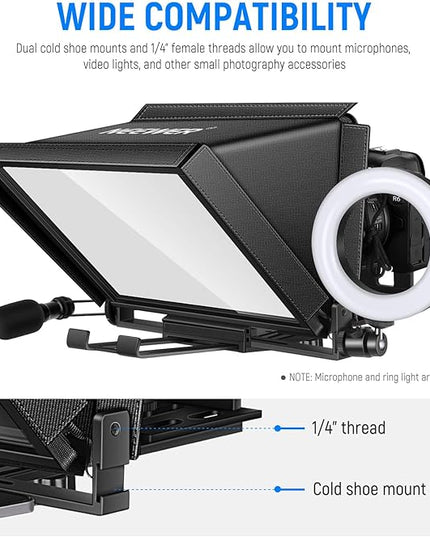 NEEWER X12 14" Aluminum Alloy Teleprompter Compatible with iPhone iPad DSLR Cameras Phone Tablet with Remote Control Carry Case Cleaning Cloth, APP Control for iOS/Android Online Teaching/Streaming