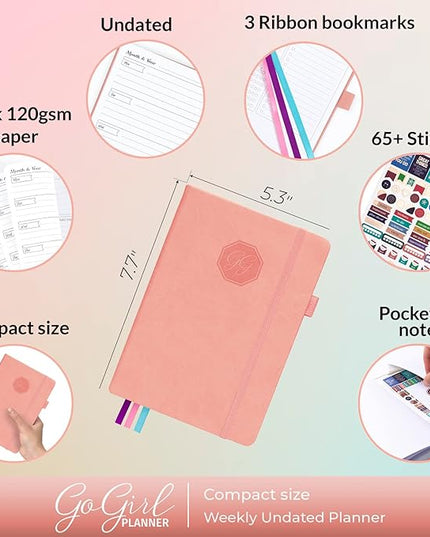 GoGirl Planner and Organizer for Women – Compact Size Weekly Planner, Goals Journal & Agenda to Improve Time Management, Productivity & Live Happier. Undated – Start Anytime, Lasts 1 Year – Peach Pink